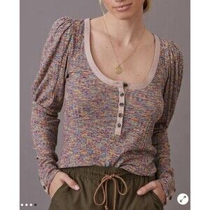 Anthropologie Top Women's Size Small Puff Sleeve Knit Henley Top Space Dyed